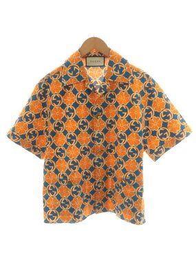 Gucci Aloha Shirt Short Sleeves All-over Floral Pattern Cotton 46 Orange Blue
